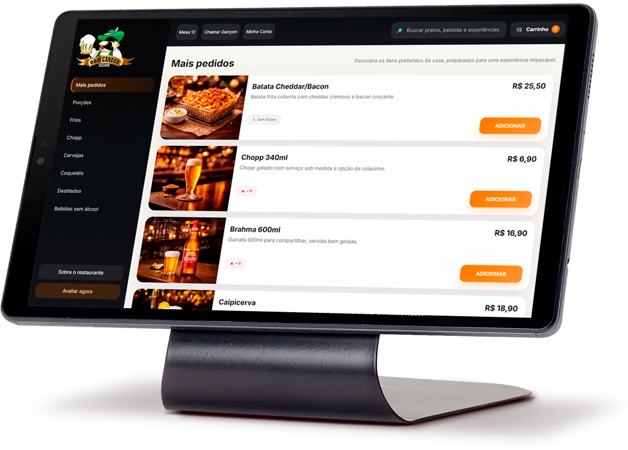Tablet FoodTouch com o cardápio digital na mesa do restaurante