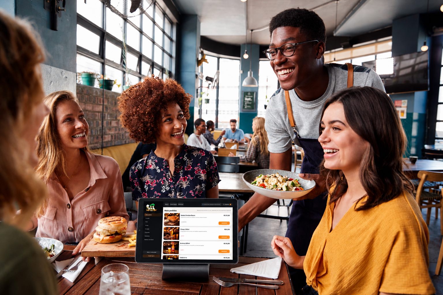 Garçom atendendo clientes com o tablet FoodTouch na mesa