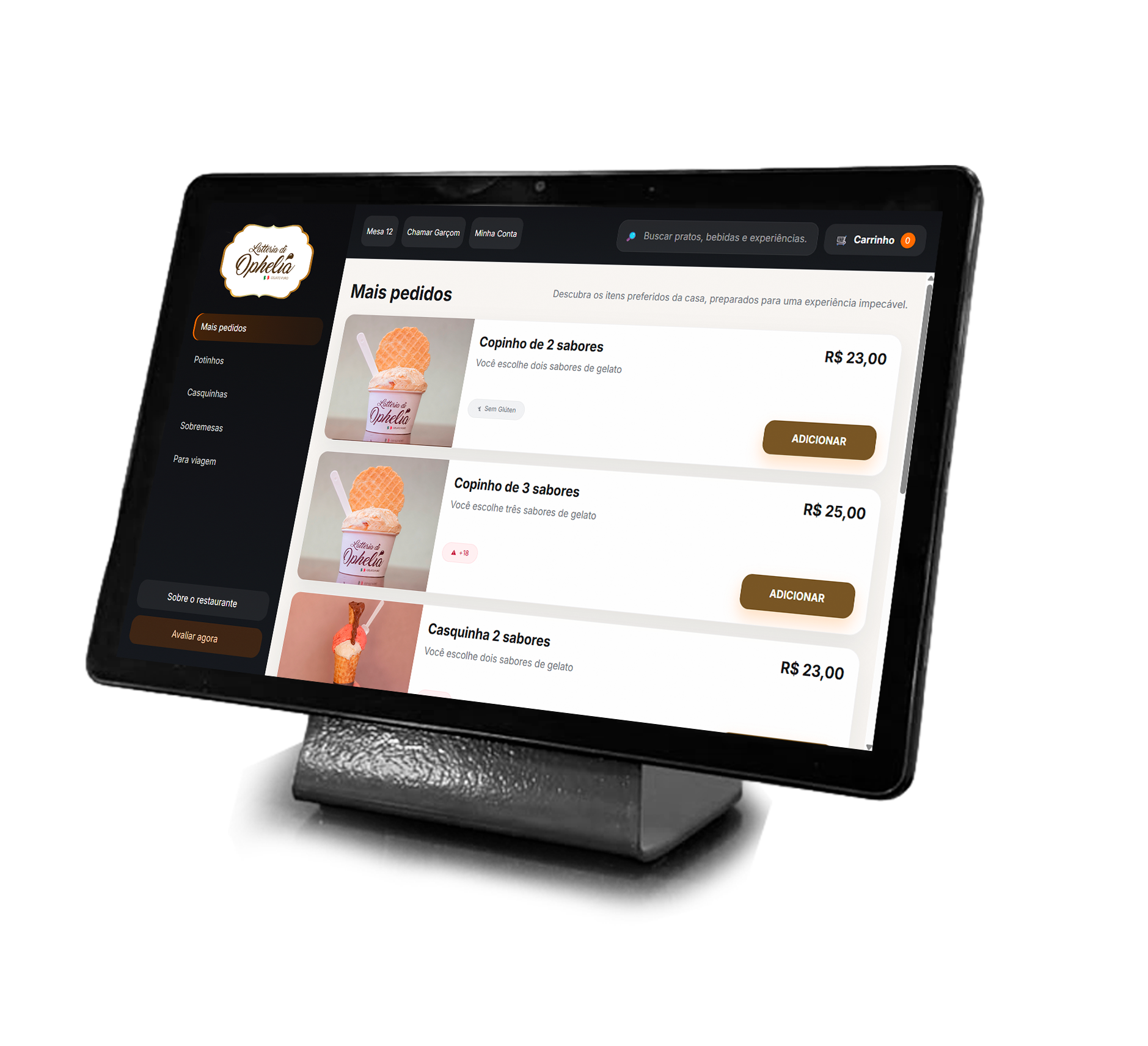 Cliente escolhendo sabores no tablet FoodTouch