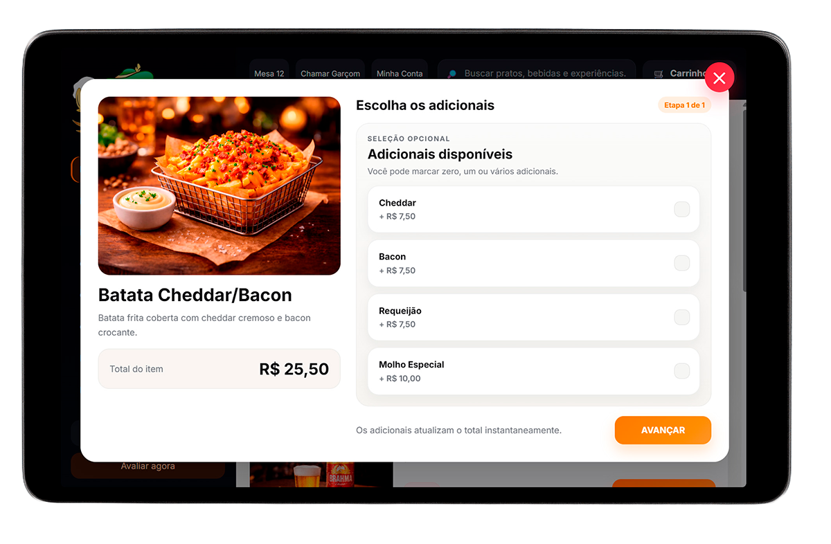 Tela do tablet FoodTouch sugerindo adicionais para aumentar o pedido